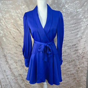 ALEXIA ADMOR Phoebe Ruffle Wrap Dress Blue Satin Dress Women's Size M